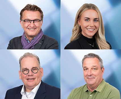 Vier zusammengesetzte Porträtbilder, 3 Männer und eine Frau. Es handelt sich um Mitarbeitende der VDV AcademY & Training GmBH: Joachim Künzel, Lara Schankweiler, Marcus Amort und Peter Bosse.